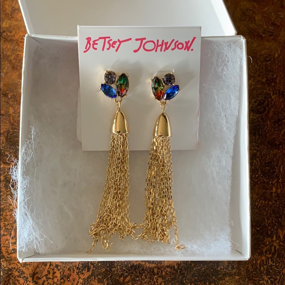 Betsey Johnson Gold-Tone Sparkly Stone Post Tassel Earrings NWT